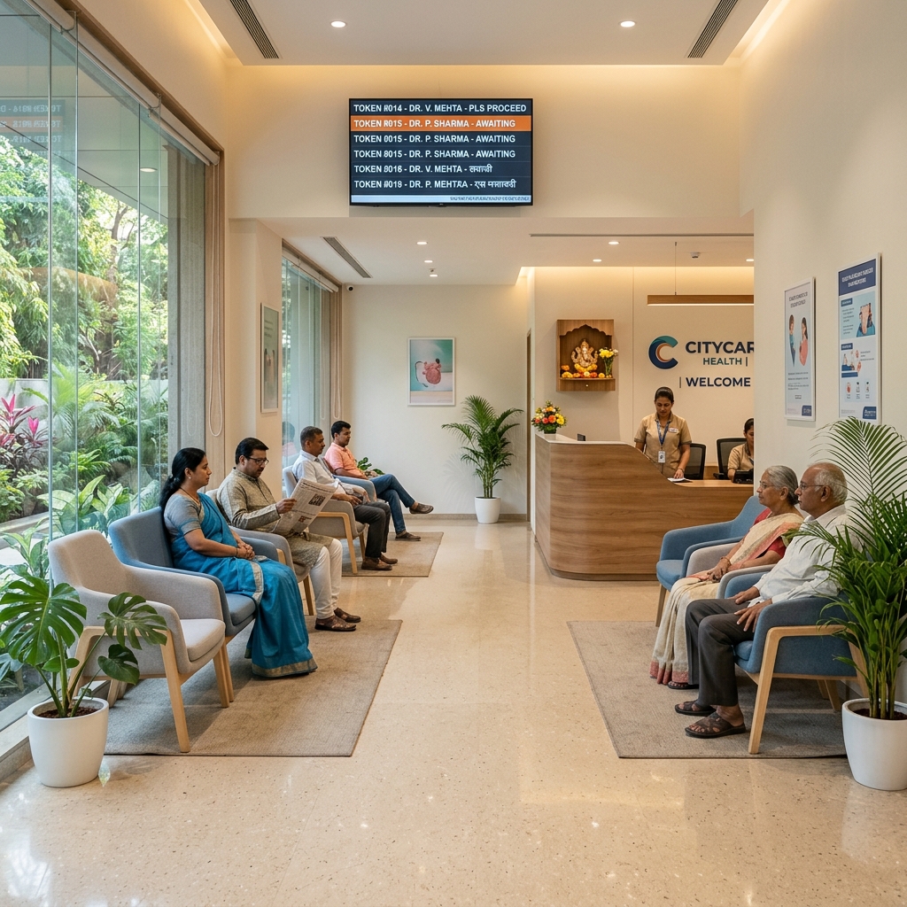 Clean and peaceful hospital waiting lobby with digital token display