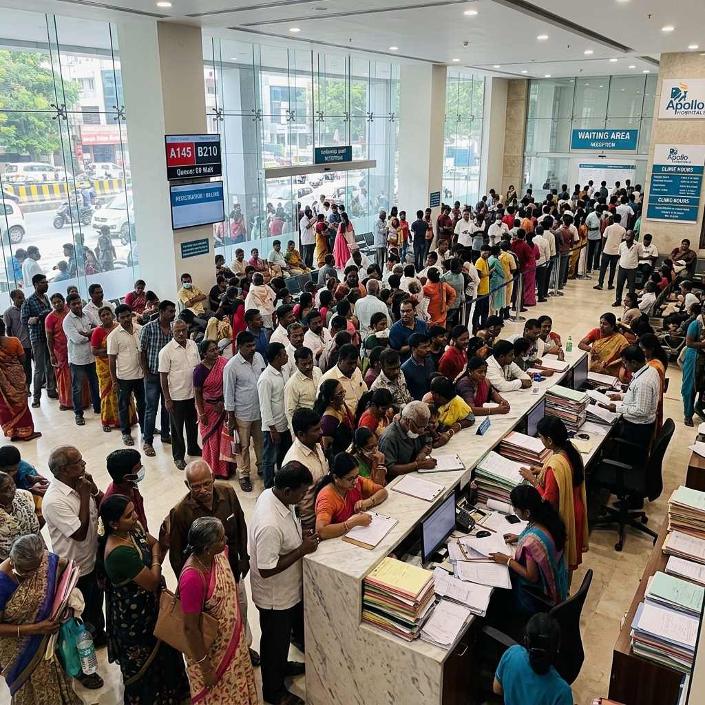 Modern but overcrowded and chaotic hospital waiting lobby